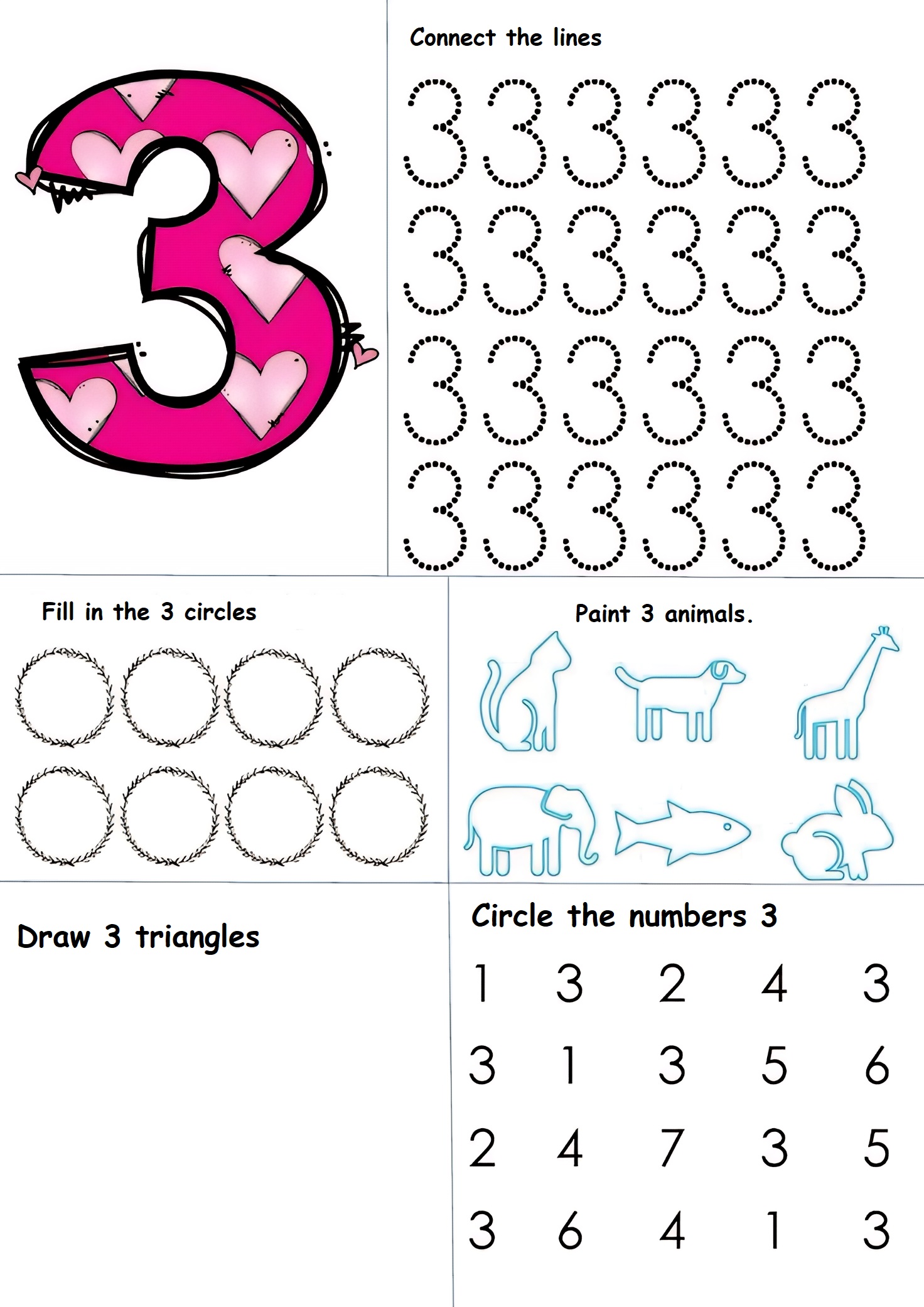 Number 3 worksheets for preschool