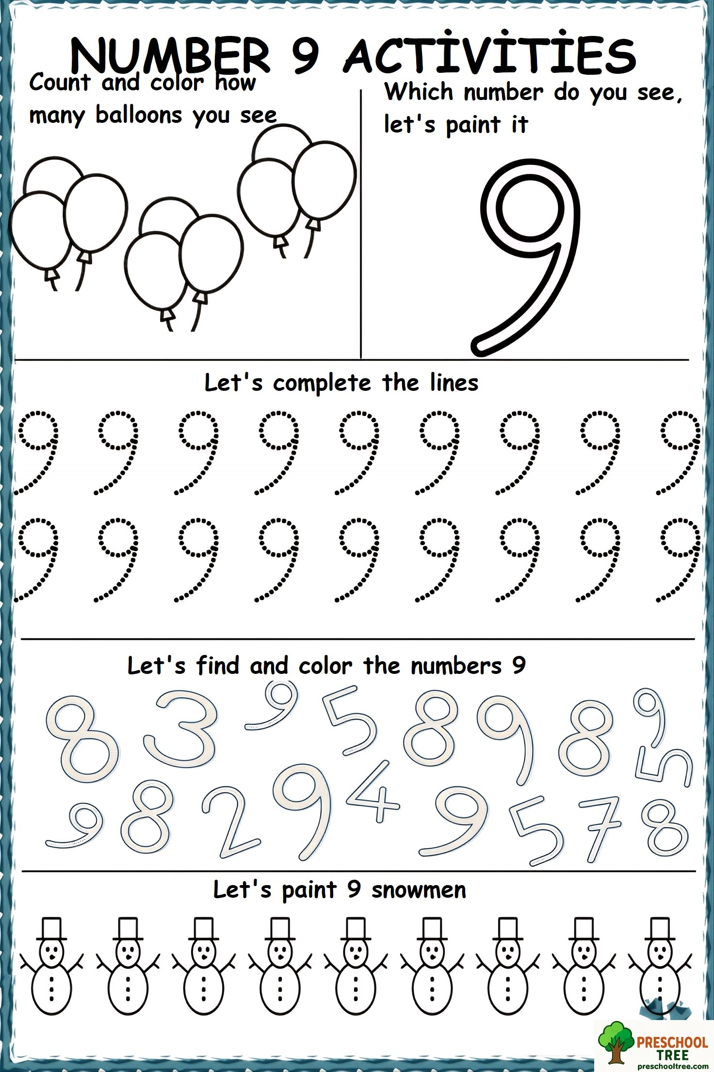 Number 9 worksheets for preschool