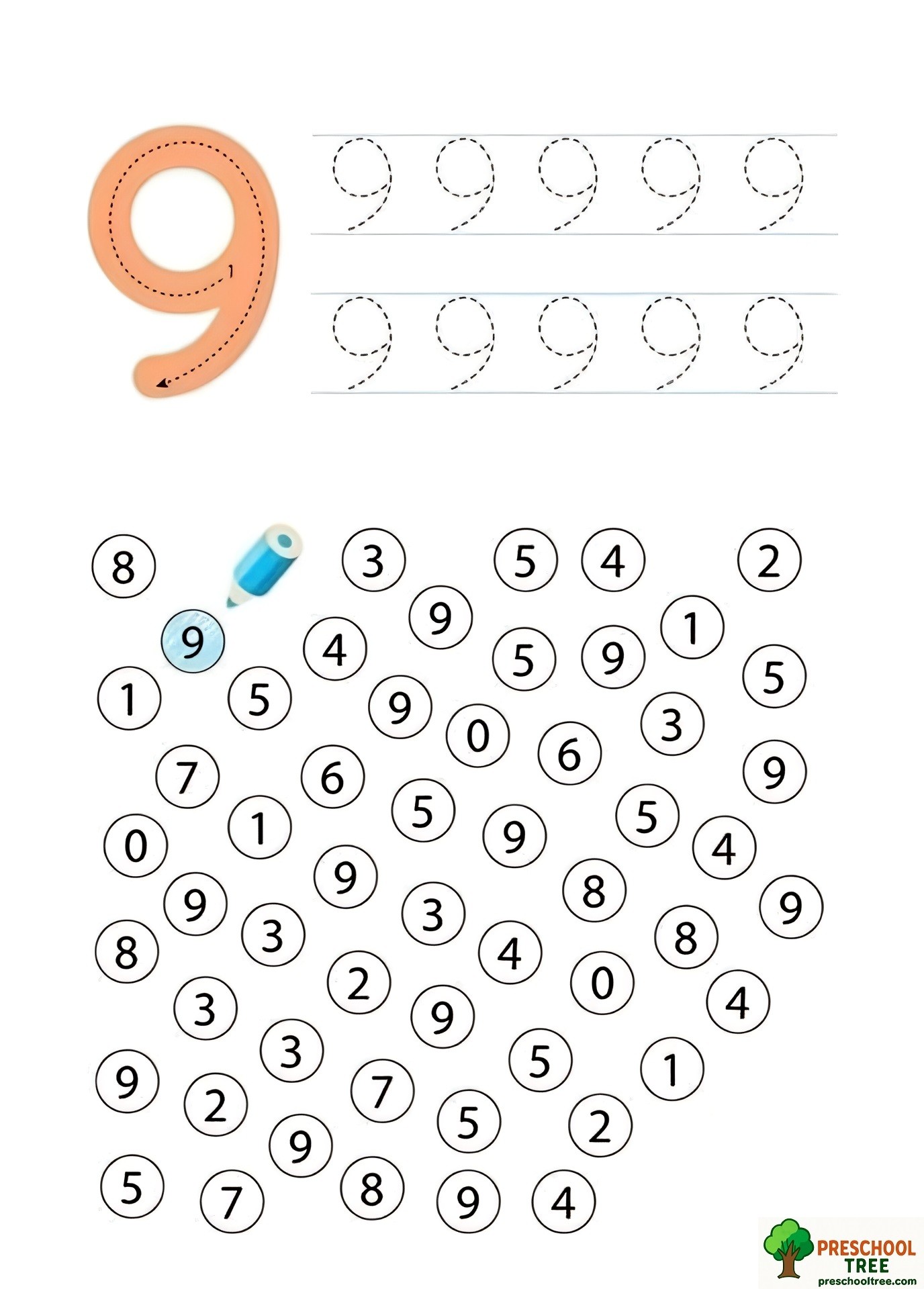Number 9 worksheets for preschool