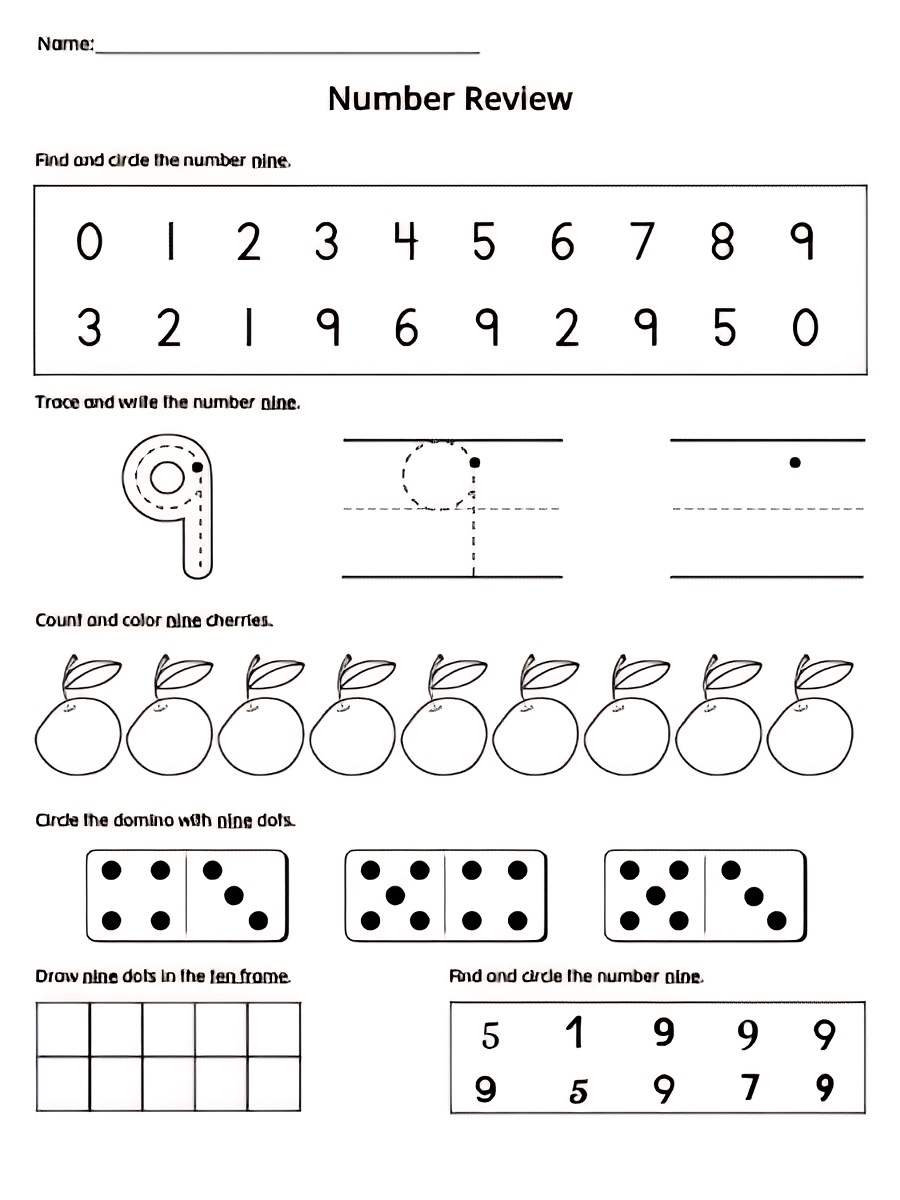 Number 9 worksheets for preschool