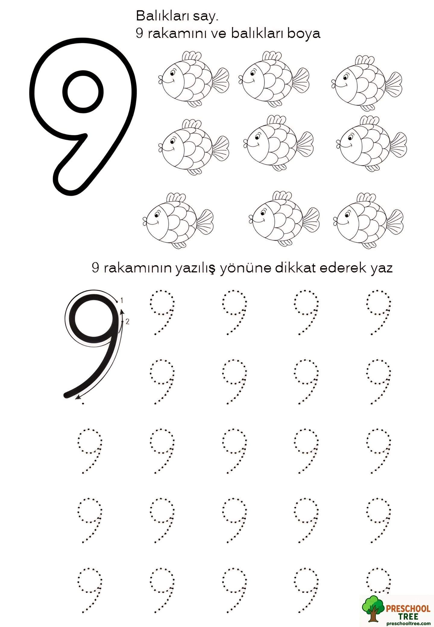 Number 9 worksheets for preschool