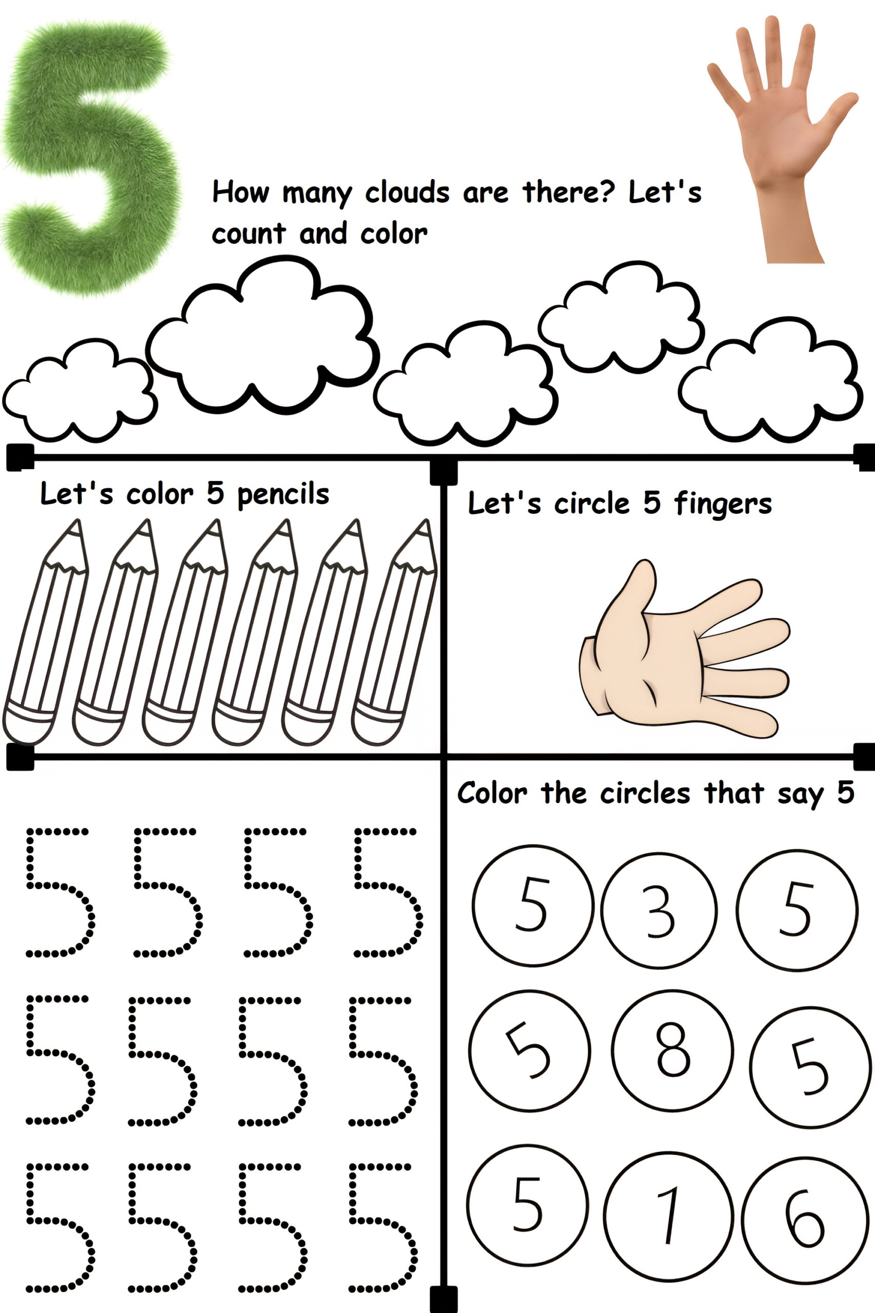 The number 5 worksheets for preschool