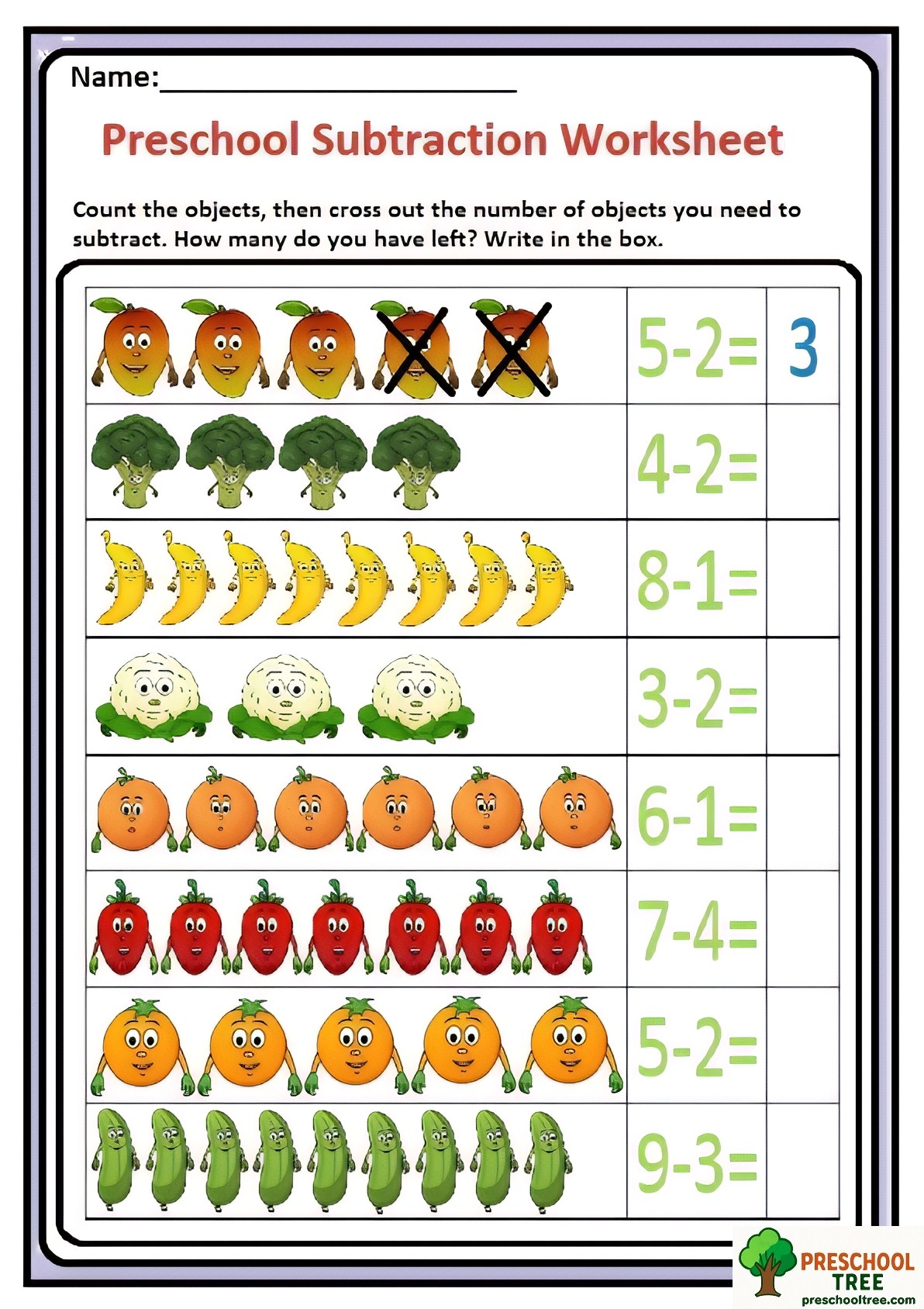 Free subraction worksheets for preschool 